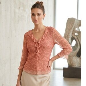 Vintage ICE Silk‎ Ruffle Blouse Pink Geometric Print 3/4 Sleeve Large